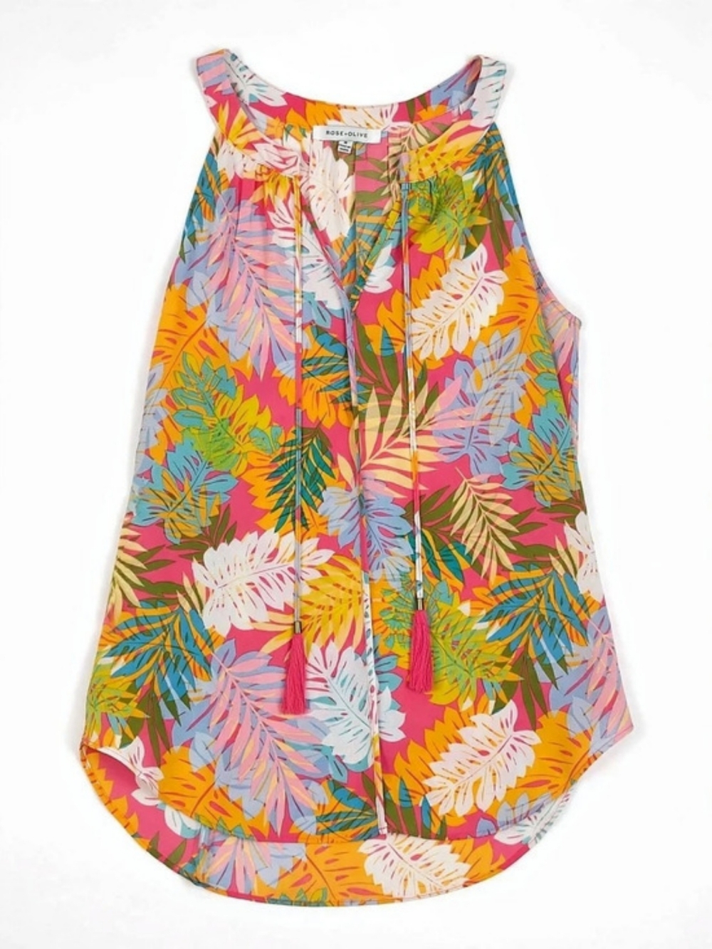 Rose & Olive Tropical Leaf Print Tassel Tie Halter Blouse Size Medium
